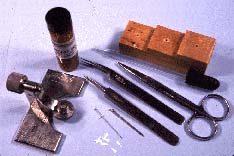 photo of pinning block, forceps, pins, points, glue, and scissors