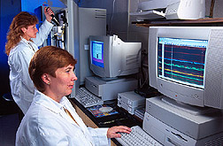 Technician Laurie Molitor (left) and research associate Christiane Hansen analyze chicken genetic markers using DNA sequencers. Link to photo information.