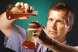 Chemist checks a corn fiber oil sample: Click here for full photo caption.