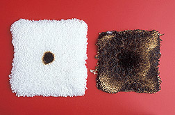 One carpet swatch treated with maleic acid and one untreated swatch: Click here for full photo caption.
