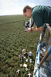 Technician, agricultural engineers, and soil scientist takes vertical images in the infrared and ordinary spectrums of cotton under water stress: Click here for full photo caption. 