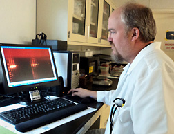 Microbiologist Michael Day examines the validation results of a new molecular diagnostic assay for a turkey picobirnavirus: Click here for full photo caption.