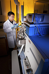 At ARSâ€™s Food Composition and Methods Development Laboratory, in Beltsville, Maryland, postdoctoral associate Jianghao Sun prepares for HPLC/MS analysis of extracts from teas and supplements made from teas: Click here for full photo caption.