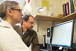 ARS chemists John Newman and Theresa Pedersen review data from a UPLC-ESI-MS/MS system used to measure methylmalonic acid, an indicator of vitamin B12, in a blood sample: Click here for full photo caption.