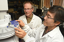 Chemist Robert Vander Meer (left) and entomologist Man-Yeon Choi use gas chromatography-mass spectrometry to measure changes in ant trail pheromone production after RNA interference: Click here for photo caption.