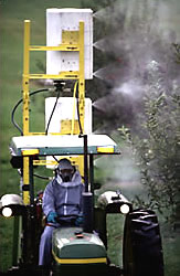 The air-curtain orchard sprayer driven by technician Andrew Doklovic.