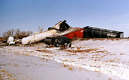 Scene of a 1989 train delrailment site near showing rail cars that leaked nitrogen fertilizer. 