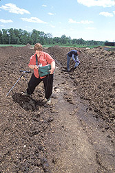 Microbiologist and technician collect compost samples: Click here for full photo caption.