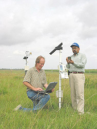 Hydrologist and hydrologic technician monitor soil moisture fluctuations: Click here for full photo caption.