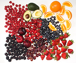 In this mix of fruit, the ORAC score of blueberries is highest, followed by (in order) the scores of black plum, blackberries, raspberries, strawberries, sweet cherries, avocado, navel orange, and red grapes: Click here for full photo caption.