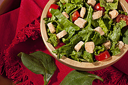 Freeze-dried salmon cubes are added to a fresh garden salad: Click here for full photo caption.