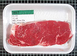 Beef steak color changes during simulated retail display testing. This steak was photographed on the first day of the study: Click here for photo caption.