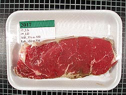 Beef steak color changes during simulated retail display testing. This steak was photographed on day 6 of the study: Click here for photo caption.