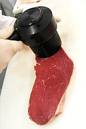A visible and near-infrared reflectance (Vis/NIR) spectroscopy probe head is applied to a top sirloin steak to predict tenderness and color stability: Click here for photo caption.