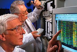 Cletus Kurtzman inspects a yeast DNA sequence from an automated DNA sequencer. Click here for full photo caption.