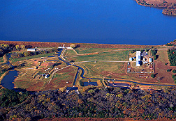Aerial view of the ARS Hydraulic Engineering Research Laboratory facility with Lake Carl Blackwell in the backgraound. Click here for full photo caption.