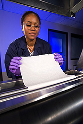 Chemist treats cotton fabrics with a chitosan formulation, which is designed to confer blood-clotting and antibacterial properties on wound dressings and specialty garments: Click here for full photo caption.
