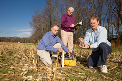 At an experimental watershed in Beltsville, Maryland, ARS scientists measure the movement of agrichemicals from a corn field to the riparian buffer in the background: Click here for full photo caption.