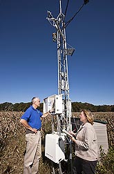 Research leader Bill Kustas and physical scientist Martha Anderson check measurements from a micrometeorological station located at the OPE3 field research site in Beltsville, Maryland: Click here for photo caption.