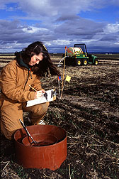 A biological science technician records water depth measurements. Click here for full photo caption.