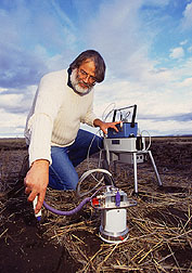 Microbiologist Steve Albrecht measures soil respiration. Click here for full photo caption.