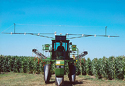 Mounted on a high-clearance sprayer,crop canopy sensors monitor plant greenness. Click here for full photo caption.