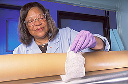 Technician applies a finishing technique to cotton gauze: Click here for full photo caption.
