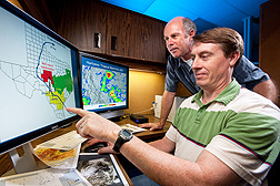 Using weather data maps that track storm paths and precipitation amounts, meteorologists estimate boll weevil dispersal pathways: Click here for full photo caption.