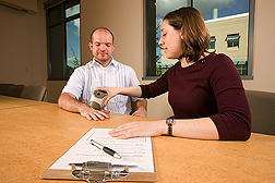 For a study assessing the contribution of skin pigmentation, sun exposure, and diet to vitamin D status, graduate student uses a reflectance spectrophotometer to measure a volunteer’s skin pigmentation: Click here for full photo caption.