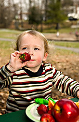 A 20-month-old boy enjoying a healthful snack: Click here for photo caption.