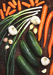 Carrots, onions, garlic and cucumbers.