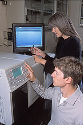 Researcher assists entomologist with a gas chromatography/mass spectroscopy procedure: Click here for full photo caption.