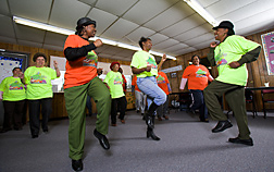 Residents of the Marvell community improve their physical fitness through stretching and exercising: Click here for full photo caption.
