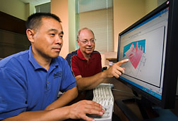 Soil scientist (left) and agronomist view output from the RZWQM2 model: Click here for full photo caption.