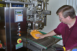 Plant coordinator oversees the testing of aseptic packaging of sweetpotato puree using rapid microwave processing: Click here for full photo caption.