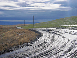 A winter storm covers a road bed with soil runoff from an adjoining hill slope on a conventionally tilled field: Click here for photo caption.