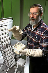 Lee Nash prepares rhizobia cultures for mailing. Click here for full photo caption.