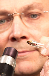 Entomologist prepares a queen bee for artificial insemination: Click here for full photo caption.