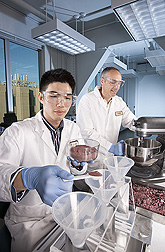 Student intern (left) and food technologist prepare the blueberry placebo for packaging: Click here for full photo caption.