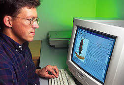 Entomologist looks at the Stored Grain Advisor program on a computer monitor: Click here for full photo caption.