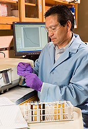 Chemist analyzes the composition of water-soluble organic matter from biochar: Click here for full photo caption.