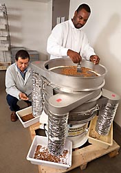 Entomologist Juan Morales-Ramos (left) and insect production worker Matthew McDaniel use a scaled-down prototype of a separator they designed to sort mealworms by size: Click here for photo caption.