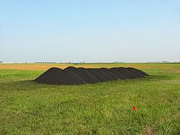 Bulk hardwood biochar prior to application on plots near Ames, Iowa: Click here for photo caption.