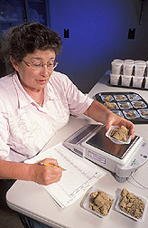 Technician weighs sections of dried soil cores: Click here for full photo caption.