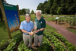 At the U.S. National Arboretum in Washington, D.C., agronomist (left) and botanist inspect a sample of the soybean seeds used to plant soybean specimens in the Power Plants exhibit: Click here for full photo caption.