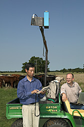 Research associate and soil scientist use a hyperspectral spectroradiometer: Click here for full photo caption.