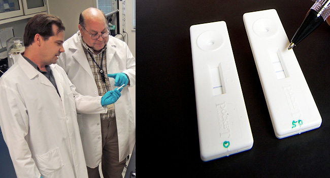 (L) Scientists examine antibody test strip in laboratory. (R) Close-up of lateral flow test device.