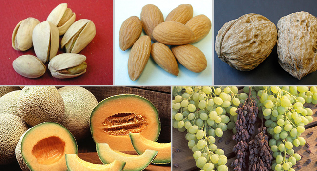 pistachios, almonds, walnuts, grapes and raisins, cantaloupes; clockwise from top left. USDA, ARS photos