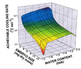 Relationship between embryo size, water content, and achievable cooling rate.