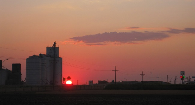 Photo of sunrise at the Bushland, Texas grain elevators